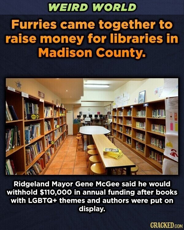WEIRD WORLD Furries came together to raise money for libraries in Madison County. - Ridgeland Mayor Gene McGee said he would withhold $110,000 in annual funding after books with LGBTQ+ themes and authors were put on display. CRACKED.COM