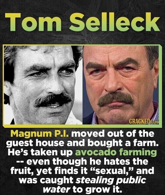 Tom Selleck CRACKED.COM Magnum P.I. moved out of the guest house and bought a farm. He's taken up avocado farming --even though he hates the fruit, yet finds it sexual, and was caught stealing public water to grow it.