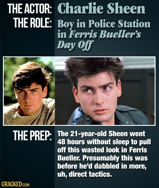 THE ACTOR: Charlie Sheen THE ROLE: Boy in Police Station in Ferris Bueller's Day off THE PREP: The 21-year-old Sheen went 48 hours without sleep to pull off this wasted look in Ferris Bueller. Presumably this was before he'd dabbled in more, uh, direct tactics. CRACKED.COM