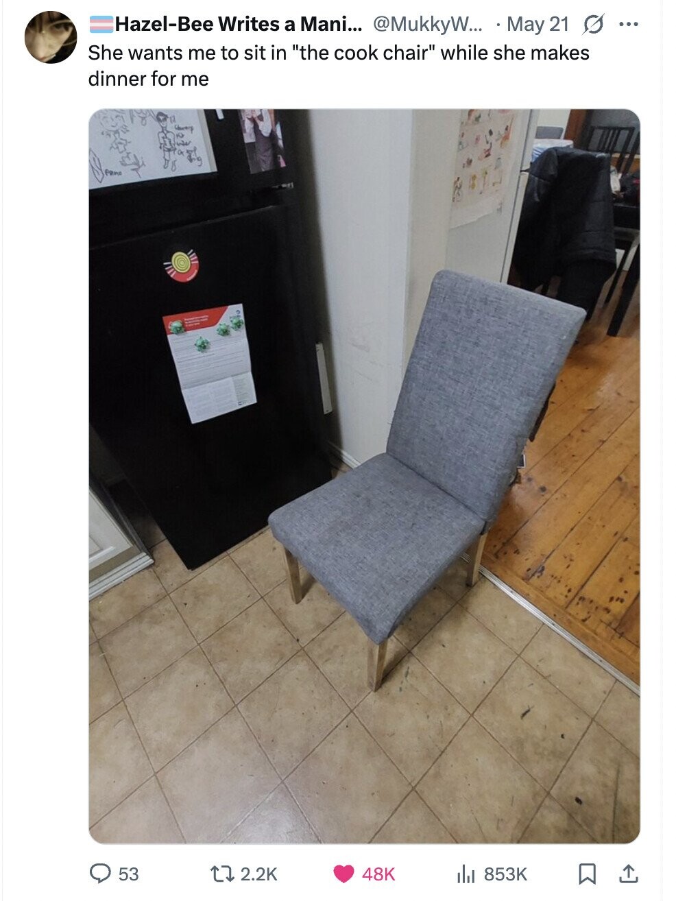 Hazel-Bee Writes a Mani... @MukkyW... May 21 s ... She wants me to sit in the cook chair while she makes dinner for me fano 53 2.2K 48K 853K
