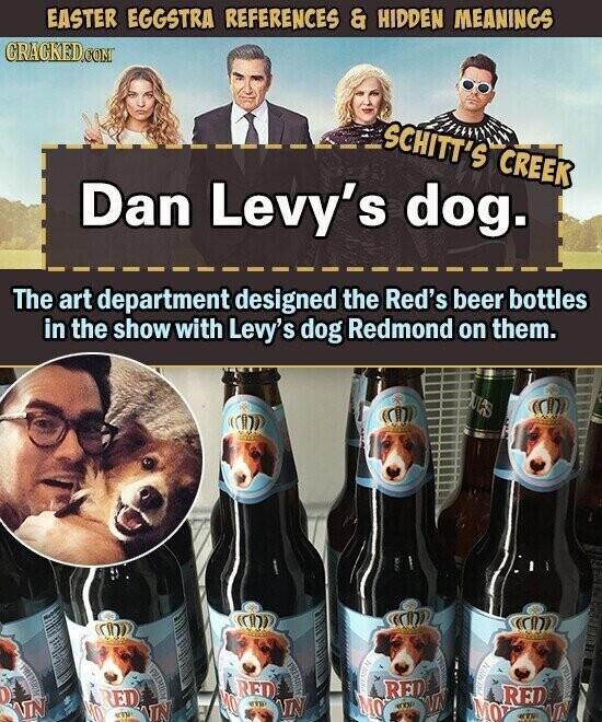 EASTER EGGSTRA REFERENCES & HIDDEN MEANINGS CRACKED.COM SCHITT'S CREEK Dan Levy's dog. The art department designed the Red's beer bottles in the show with Levy's dog Redmond on them. JUL'S PRIMOIL RED RED 0 MO PREMIEM RED RED MO IN IN KTH VIN MO MO COP WIN TN KOREA