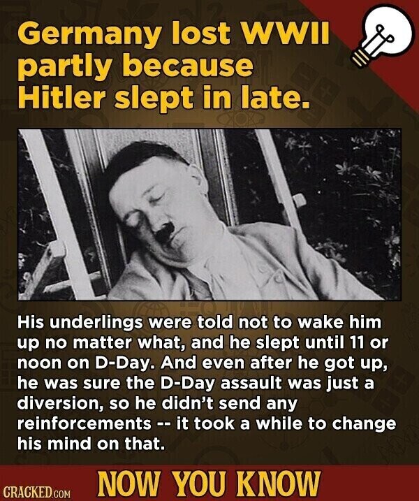 Germany lost WWII partly because Hitler slept in late. His underlings were told not to wake him up no matter what, and he slept until 11 or noon on D-Day. And even after he got up, he was sure the D-Day assault was just a diversion, so he didn't send any reinforcements - it took a while to change his mind on that. NOW YOU KNOW CRACKED.COM