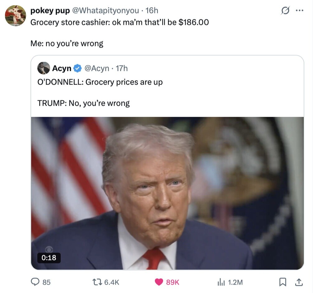 G ... pokey pup @Whatapityonyou 16h Grocery store cashier: ok ma'm that'll be $186.00 Me: no you're wrong Acyn @Acyn1 17h O'DONNELL: Grocery prices are up TRUMP: No, you're wrong 0:18 85 6.4K 89K del 1.2M 