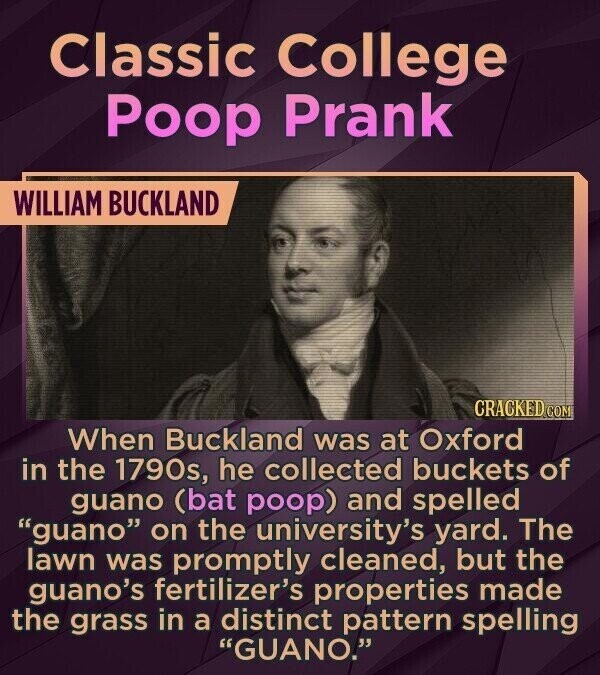 Classic College Poop Prank WILLIAM BUCKLAND CRACKED COM When Buckland was at Oxford in the 1790s, he collected buckets of guano (bat poop) and spelled guano on the university's yard. The lawn was promptly cleaned, but the guano's fertilizer's properties made the grass in a distinct pattern spelling GUANO.