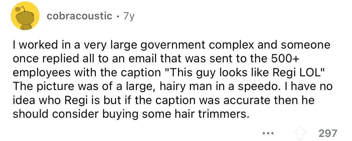 cobracoustic . . 7y I worked in a very large government complex and someone once replied all to an email that was sent to the 500+ employees with the caption This guy looks like Regi LOL The picture was of a large, hairy man in a speedo. I have no idea who Regi is but if the caption was accurate then he should consider buying some hair trimmers. ... 297