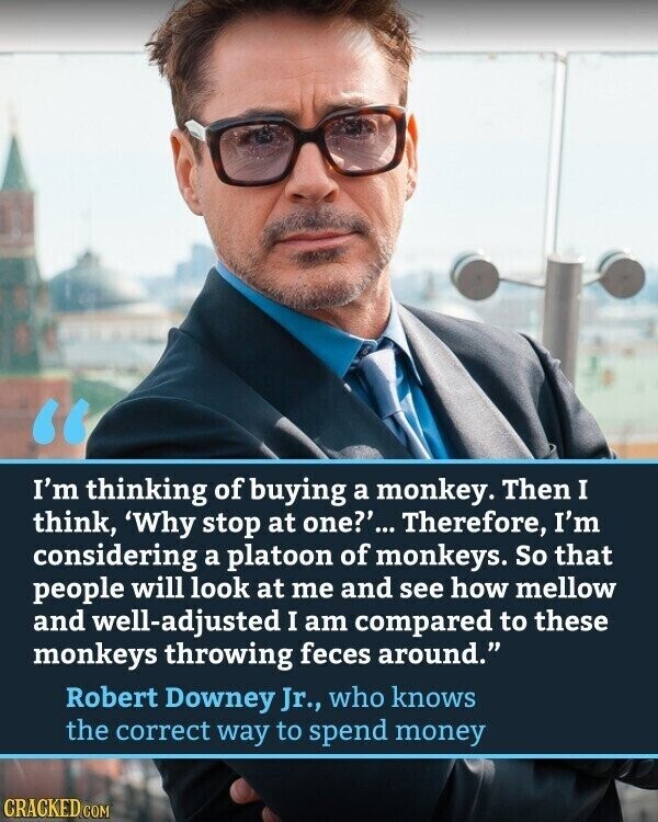 I'm thinking of buying a monkey. Then I think, 'Why stop at one?'... Therefore, I'm considering a platoon of monkeys. So that people will look at me and see how mellow and well-adjusted I am compared to these monkeys throwing feces around. Robert Downey Jr., who knows the correct way to spend money CRACKED.COM 