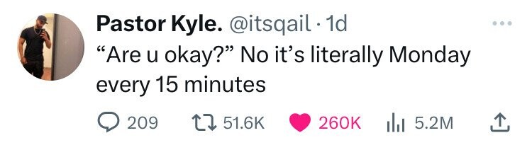 Pastor Kyle. @itsqail 1d Are u okay? No it's literally Monday every 15 minutes 209 51.6K 260K 5.2M