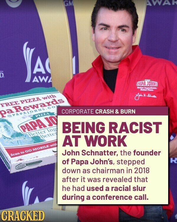 GM AWARD A D. AWA PAPA JOHNS Better Ingredients. Better Pizza John FREE PIZZA with CORPORATE CRASH & BURN paRewards @PAPAJORNS.COM PIZZA BEING RACIST PAPA JO Better Ing Better AT WORK John Schnatter, the founder Scan to GO MOBILE with R of Papa John's, stepped down as chairman in 2018 after it was revealed that he had used a racial slur during a conference call. CRACKED