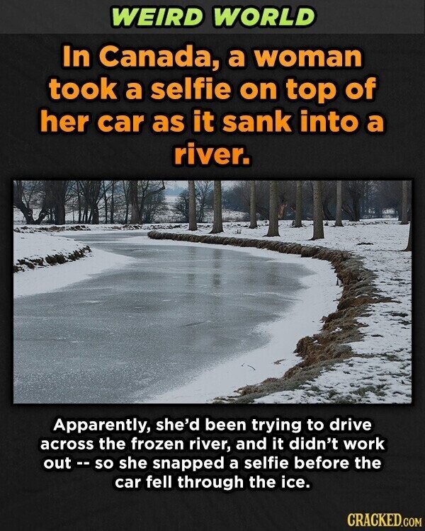 WEIRD WORLD In Canada, a woman took a selfie on top of her car as it sank into a river. Apparently, she'd been trying to drive across the frozen river, and it didn't work out t - so she snapped a selfie before the car fell through the ice. CRACKED.COM