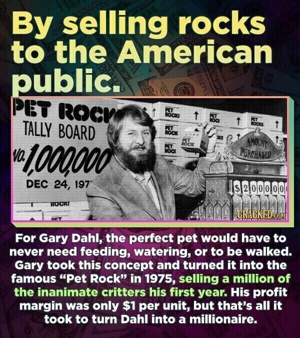 By selling rocks to the American public. 002745 E PET ROCK PET ROCK! 1 PET PET ROCI 1 ROCKS TALLY BOARD PET ROCK CKS PET AMOUNT ROCK PET NO. 1,000,000 ROCI PURCHASED O, 10/01 DEC 24, 197 2 $ e ROCK! CRACKED.COM DET For Gary Dahl, the perfect pet would have to never need feeding, watering, or to be walked. Gary took this concept and turned it into the famous Pet Rock in 1975, selling a million of the inanimate critters his first year. His profit margin was only $1 per unit, but that's all it took to turn Dahl