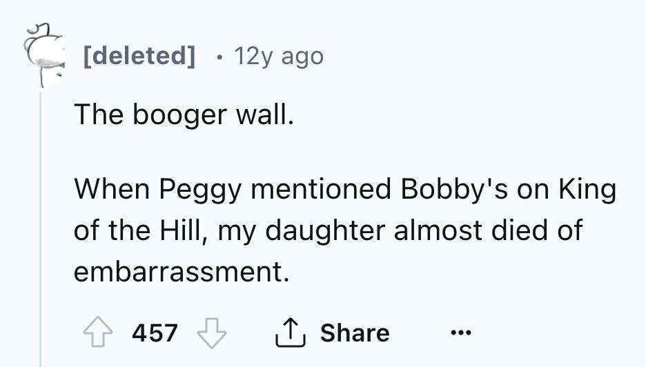 12y ago The booger wall. When Peggy mentioned Bobby's on King of the Hill, my daughter almost died of embarrassment. 457 Share ...