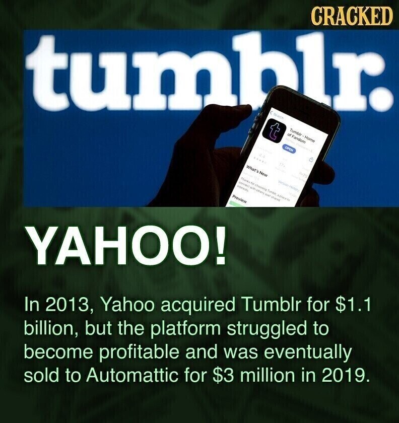CRACKED Tumblr - Home t of Fandom Memes tumblr. Search OPEN 4.4 17+ No75 ***** - - What's New version History 101 adidas thanks to choising Tumblr a place to connect with others over shared interests Preview YAHOO! In 2013, Yahoo acquired Tumblr for $1.1 billion, but the platform struggled to become profitable and was eventually sold to Automattic for $3 million in 2019.