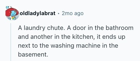 oldladylabrat . 2mo ago A laundry chute. A door in the bathroom and another in the kitchen, it ends up next to the washing machine in the basement. 