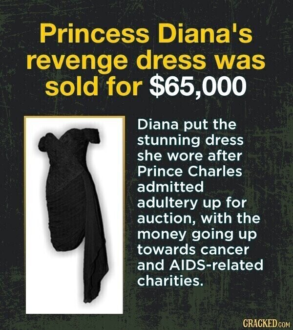 Princess Diana's revenge dress was sold for $65,000 Diana put the stunning dress she wore after Prince Charles admitted adultery up for auction, with the money going up towards cancer and AIDS-related charities. CRACKED.COM