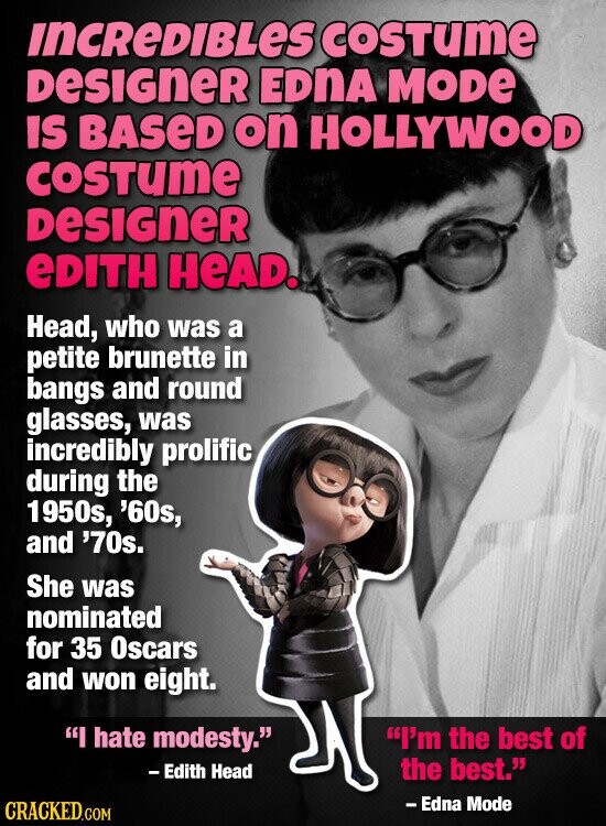 INCREDIBLES COSTUME DESIGNER EDNA MODE IS BASED on HOLLYWOOD COSTUME DESIGNER eDITH HEAD. Head, who was a petite brunette in bangs and round glasses, was incredibly prolific during the 1950s, '60s, and '70s. She was nominated for 35 Oscars and won eight. I'm the best of I hate modesty. - Edith Head the best. - Edna Mode CRACKED.COM