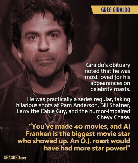 GREG GIRALDO Giraldo's obituary noted that he was most loved for his appearances on celebrity roasts. Не was practically a series regular, taking hilarious shots at Pam Anderson, Bill Shatner, Larry the Cable Guy, and the humor-impaired Chevy Chase. You've made 40 movies, and Al Franken is the biggest movie star who showed up. An O.J. roast would have had more star power! CRACKED.COM