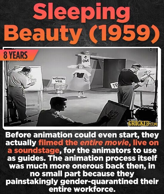 Sleeping Beauty (1959) 8 YEARS Owt WISHING WEL TR CRACKEDFcO Before animation could even start, they actually filmed the entire movie, live on a soundstage, for the animators to use as guides. The animation process itself was much more onerous back then, in no small part because they painstakingly gender-quarantined