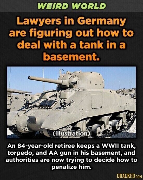 WEIRD WORLD Lawyers in Germany are figuring out how to deal with a tank in a basement. (illustration) An 84-year-old retiree keeps a WWII tank, torpedo, and AA gun in his basement, and authorities are now trying to decide how to penalize him. CRACKED.COM