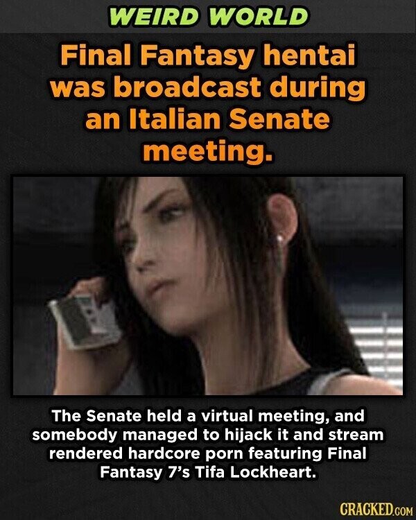 WEIRD WORLD Final Fantasy hentai was broadcast during an Italian Senate meeting. The Senate held a virtual meeting, and somebody managed to hijack it and stream rendered hardcore porn featuring Final Fantasy 7's Tifa Lockheart. CRACKED.COM