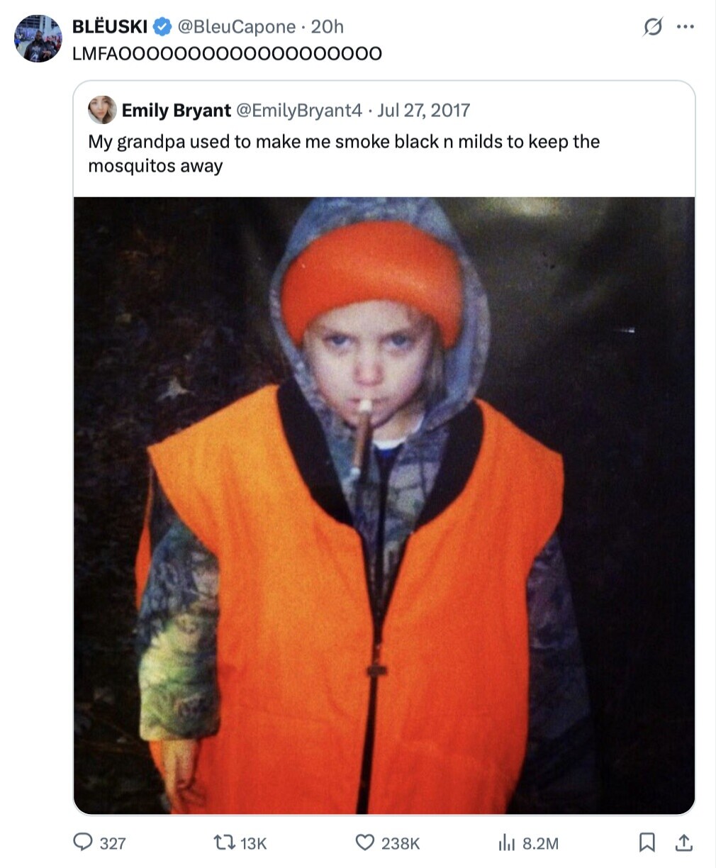 BLËUSKI @BleuCapone.20h G ... Emily Bryant @EmilyBryant4 Jul 27, 2017 My grandpa used to make me smoke black n milds to keep the mosquitos away 327 13K 238K 8.2M 