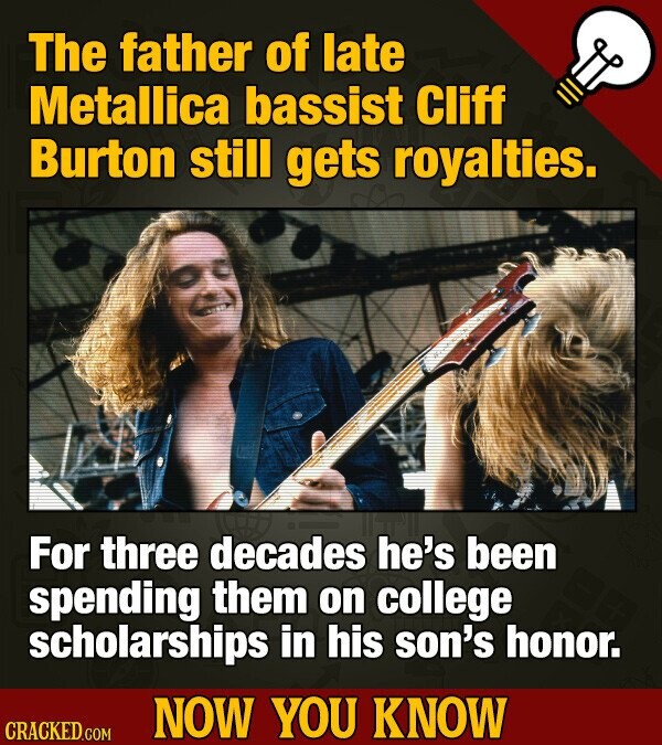 The father of late Metallica bassist Cliff Burton still gets royalties. For three decades he's been spending them on college scholarships in his son's honor. NOW YOU KNOW CRACKED.COM