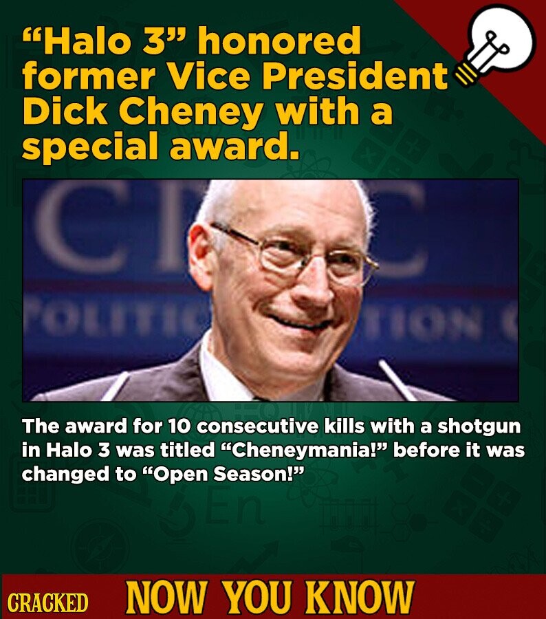 Halo 3 honored former Vice President Dick Cheney with a special award. CI POLITIC TION The award for 10 consecutive kills with a shotgun in Halo 3 was titled Cheneymania! before it was changed to Open Season! CRACKED NOW YOU KNOW