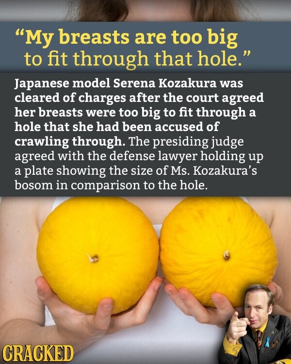 I have too many tears to fit in that hole.  Japanese model Serena Kozakura was acquitted after a court admitted her breasts were too large to fit into the hole she allegedly crawled into.  The presiding judge and the lawyer who held the plate agreed that Kozakura's breasts were about the same size as the hole.  It will crack