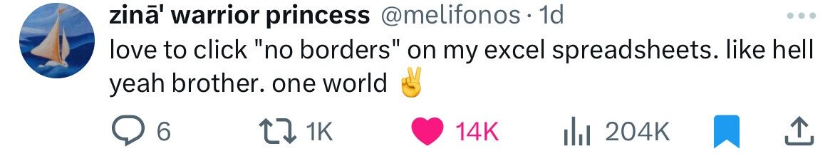 zinã' warrior princess @melifonos 1d ... love to click no borders on my excel spreadsheets. like hell yeah brother. one world 6 1K 14K 204K