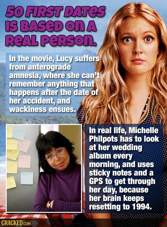 50 FIRST DATeS IS BASED on A REAL PeRson. In the movie, Lucy suffers from anterograde amnesia, where she can't remember anything that happens after the date of her accident, and wackiness ensues. In real life, Michelle Philpots has to look at her wedding album every morning, and uses sticky notes and a GPS to get through her day, because her brain keeps resetting to 1994. CRACKED.COM