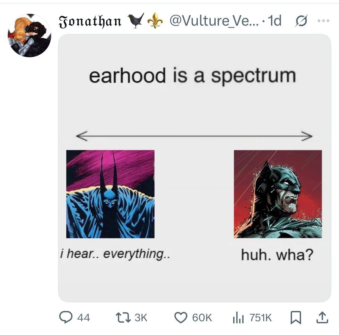 @Vulture_Ve... 1d s ... Jonathan earhood is a spectrum i hear.. everything.. huh. wha? 44 3K 60K - 751K 