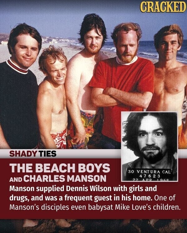 CRACKED SHADY TIES THE BEACH BOYS so VENTURA CAL 47623 AND CHARLES MANSON 22 APR 1968 Manson supplied Dennis Wilson with girls and drugs, and was a frequent guest in his home. One of Manson's disciples even babysat Mike Love's children.