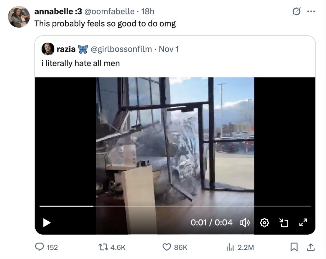 annabelle :3 @oomfabelle.1 18h G ... This probably feels so good to do omg razia @girlbossonfilm - Nov1 1 i literally hate all men 0:01 / 0:04 152 4.6K 86K del 2.2M 