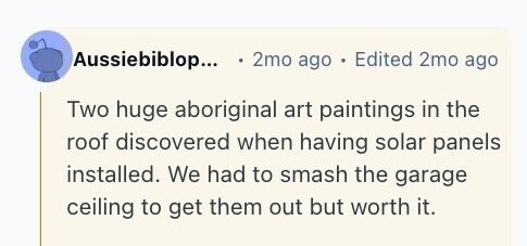 Aussiebiblop... 2mo ago Edited 2mo ago Two huge aboriginal art paintings in the roof discovered when having solar panels installed. We had to smash the garage ceiling to get them out but worth it. 