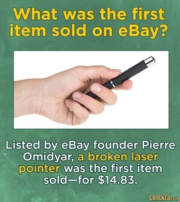 What was the first item sold on eBay? Listed by eBay founder Pierre Omidyar, a broken laser pointer was the first item sold-for $14.83. GRACKED COM