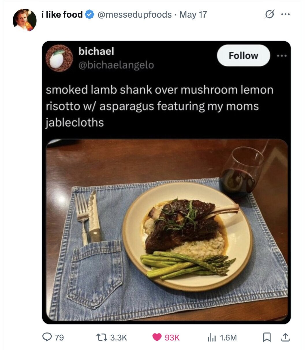 i like food @messedupfoods May 17 S ... bichael Follow ... @bichaelangelo smoked lamb shank over mushroom lemon risotto w/ asparagus featuring my moms jablecloths 79 3.3K 93K 1.6M
