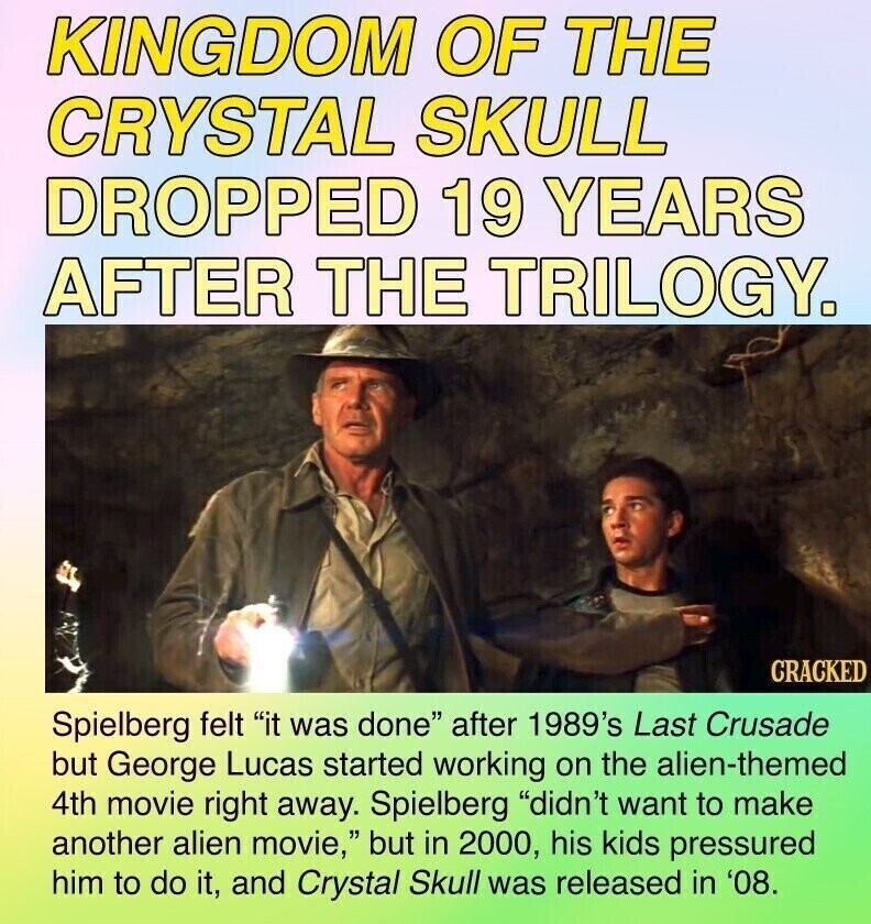 KINGDOM OF THE CRYSTAL SKULL DROPPED 19 YEARS AFTER THE TRILOGY. CRACKED Spielberg felt it was done after 1989's Last Crusade but George Lucas started working on the alien-themed 4th movie right away. Spielberg didn't want to make another alien movie, but in 2000, his kids pressured him to do it, and Crystal Skull was released in '08.