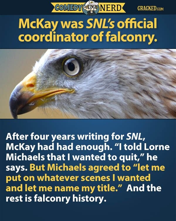 COMEDY NERD CRACKED.COM McKay was SNL's official coordinator of falconry. After four years writing for SNL, McKay had had enough. I told Lorne Michaels that I wanted to quit, he says. But Michaels agreed to let me put on whatever scenes I wanted and let me name my title. And the rest is falconry history.