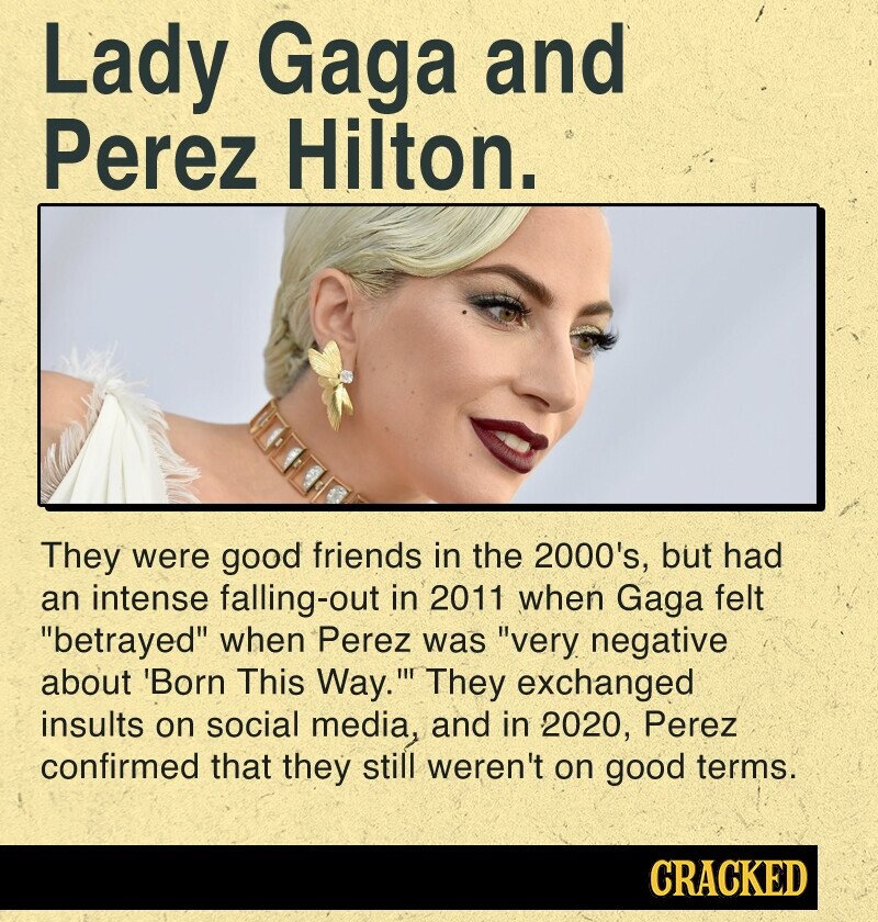 Lady Gaga and Perez Hilton. They were good friends in the 2000's, but had an intense falling-out in 2011 when Gaga felt betrayed when Perez was very negative about Born This Way. They exchanged insults on social media, and in 2020, Perez confirmed that they still weren't on good terms. CRACKED