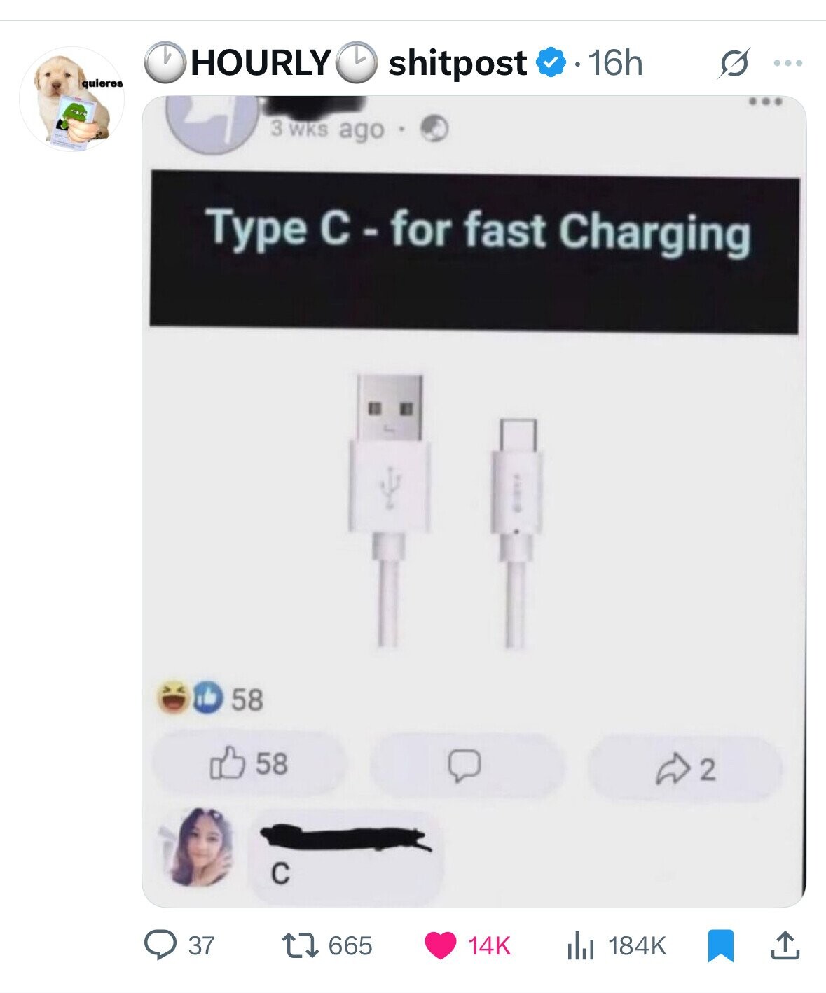 16h HOURLY shitpost S ... quieres 3 wks ago Type C-for fast Charging 58 58 2 с 184K 37 665 14K 