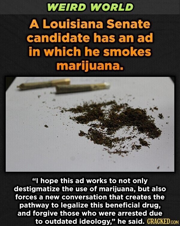 WEIRD WORLD A Louisiana Senate candidate has an ad in which he smokes marijuana. I hope this ad works to not only destigmatize the use of marijuana, but also forces a new conversation that creates the pathway to legalize this beneficial drug, and forgive those who were arrested due to outdated ideology, he said. CRACKED.COM