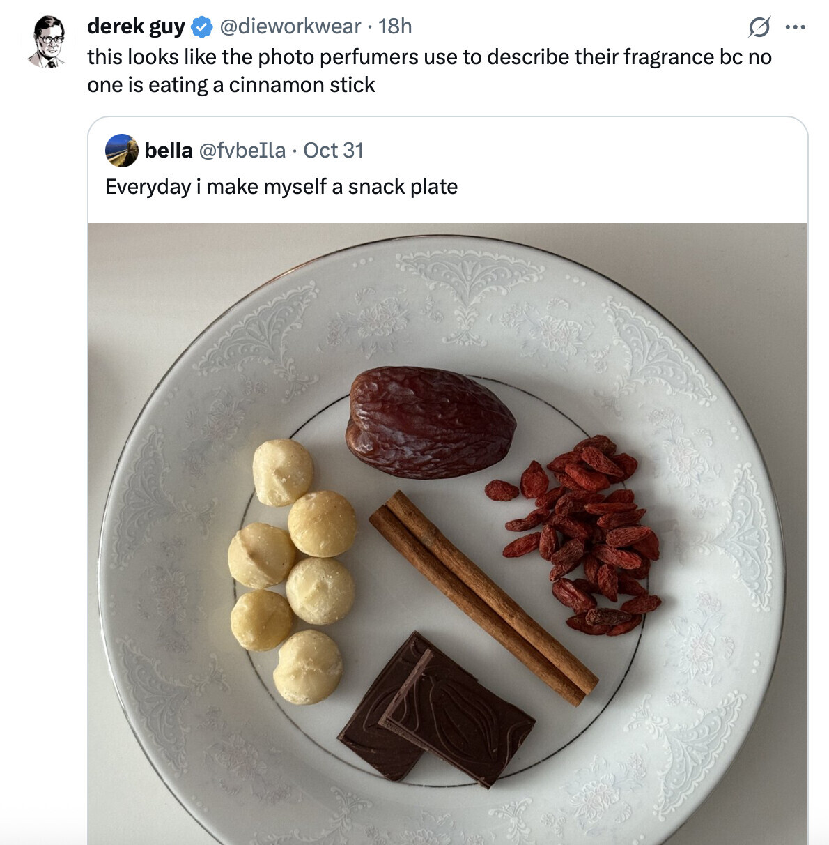 derek guy @dieworkwear . 18h s ... this looks like the photo perfumers use to describe their fragrance bc no one is eating a cinnamon stick bella @fvbeIla Oct 31 Everyday i make myself a snack plate 