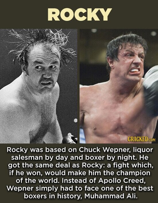 ROCKY CRACKED.COM Rocky was based on Chuck Wepner, liquor salesman by day and boxer by night. Не got the same deal as Rocky: a fight which, if he won, would make him the champion of the world. Instead of Apollo Creed, Wepner simply had to face one of the best boxers in history, Muhammad Ali.