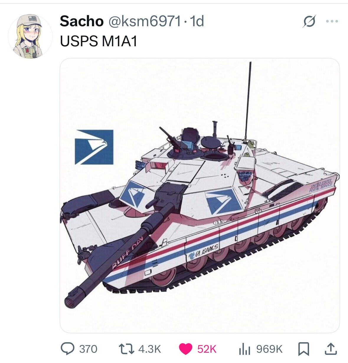 Sacho @ksm6971 - 1d ... USPS M1A1 UNITED STATES POSTAL SERVICE 64_ISAACS RUFF DAY 370 4.3K 52K 969K 