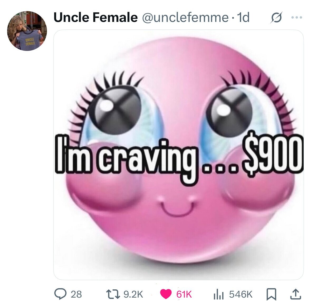 Uncle Female @unclefemme. 1d s ... UNCLE FEMALE I'm craving ... $900 28 9.2K 61K 546K