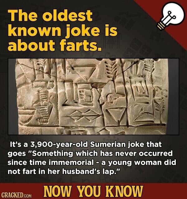 The oldest known joke is about farts. It's a 3,900-year-old Sumerian joke that goes Something which has never occurred since time immemorial - a young woman did not fart in her husband's lap. NOW YOU KNOW CRACKED.COM