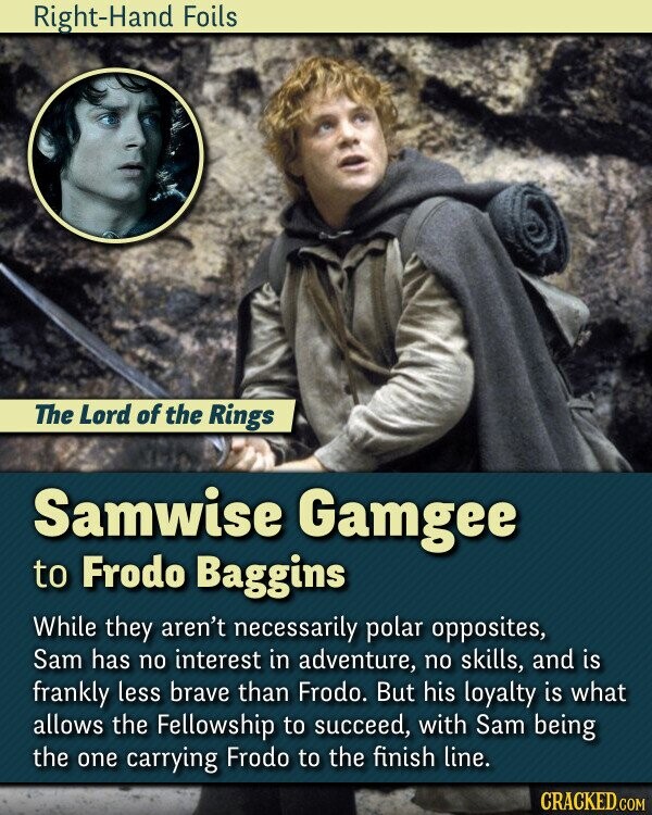 Right-Hand Foils The Lord of the Rings Samwise Gamgee to Frodo Baggins While they aren't necessarily polar opposites, Sam has no interest in adventure, no skills, and is frankly less brave than Frodo. But his loyalty is what allows the Fellowship to succeed, with Sam being the one carrying Frodo to the finish line. CRACKED.COM