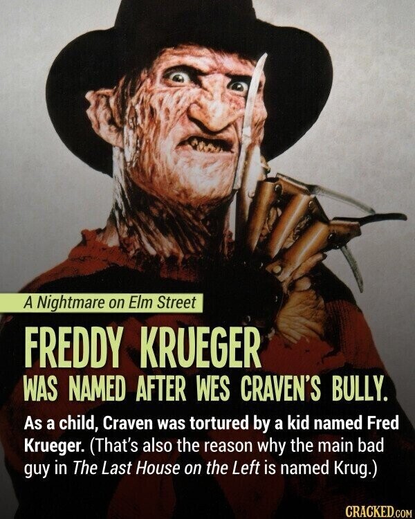 A Nightmare on Elm Street FREDDY KRUEGER WAS NAMED AFTER WES CRAVEN'S BULLY. As a child, Craven was tortured by a kid named Fred Krueger. (That's also the reason why the main bad guy in The Last House on the Left is named Krug.) CRACKED.COM