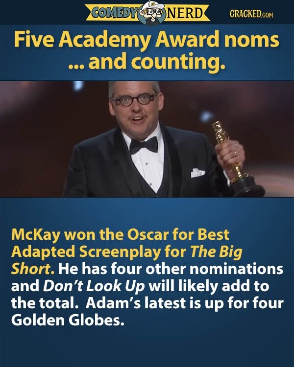 COMEDY NERD CRACKED.COM Five Academy Award noms ...and ... counting. McKay won the Oscar for Best Adapted Screenplay for The Big Short. Не has four other nominations and Don't Look Up will likely add to the total. Adam's latest is up for four Golden Globes.