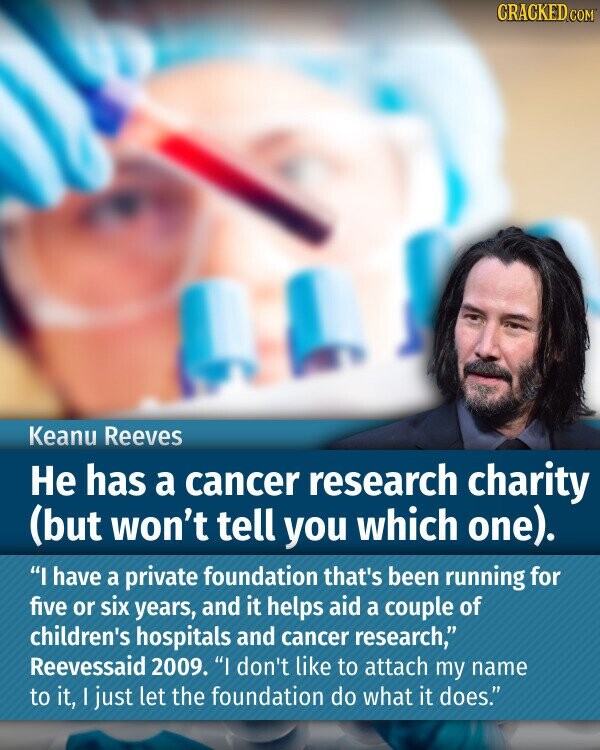 CRACKED.COM Keanu Reeves Не has a cancer research charity (but won't tell you which one). I have a private foundation that's been running for five or six years, and it helps aid a couple of children's hospitals and cancer research, Reevessaid 2009. I don't like to attach my name to it, I just let the foundation do what it does.