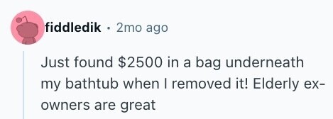 fiddledik 2mo ago Just found $2500 in a bag underneath my bathtub when I removed it! Elderly ex- owners are great 
